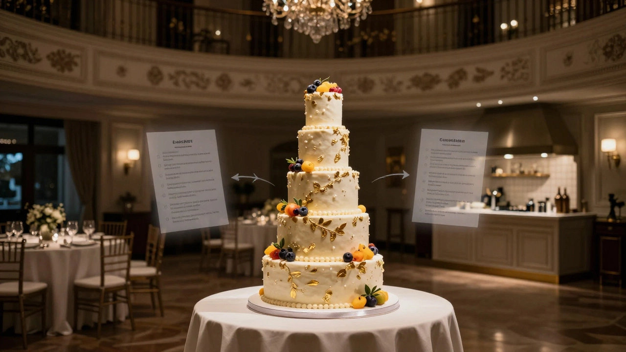 Grand wedding cake in a reception hall with subtle planning motifs