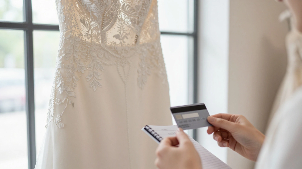 Luxurious white wedding dress in a boutique with hands holding a credit card.