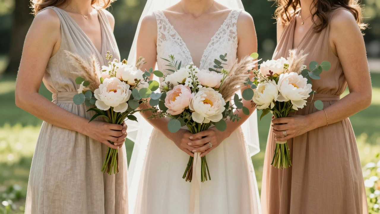 Mothers holding rustic bouquets in a bohemian outdoor wedding setting