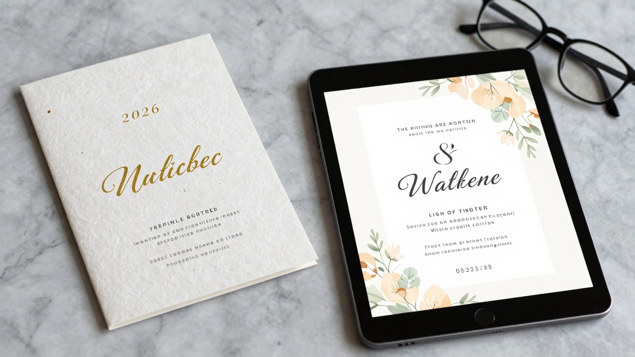 Paper and digital wedding invitations displayed side by side