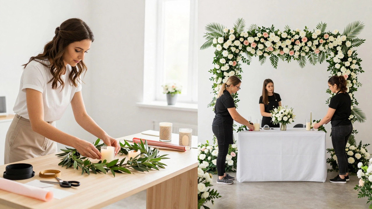 Split view of DIY decor crafting and professional floral installation
