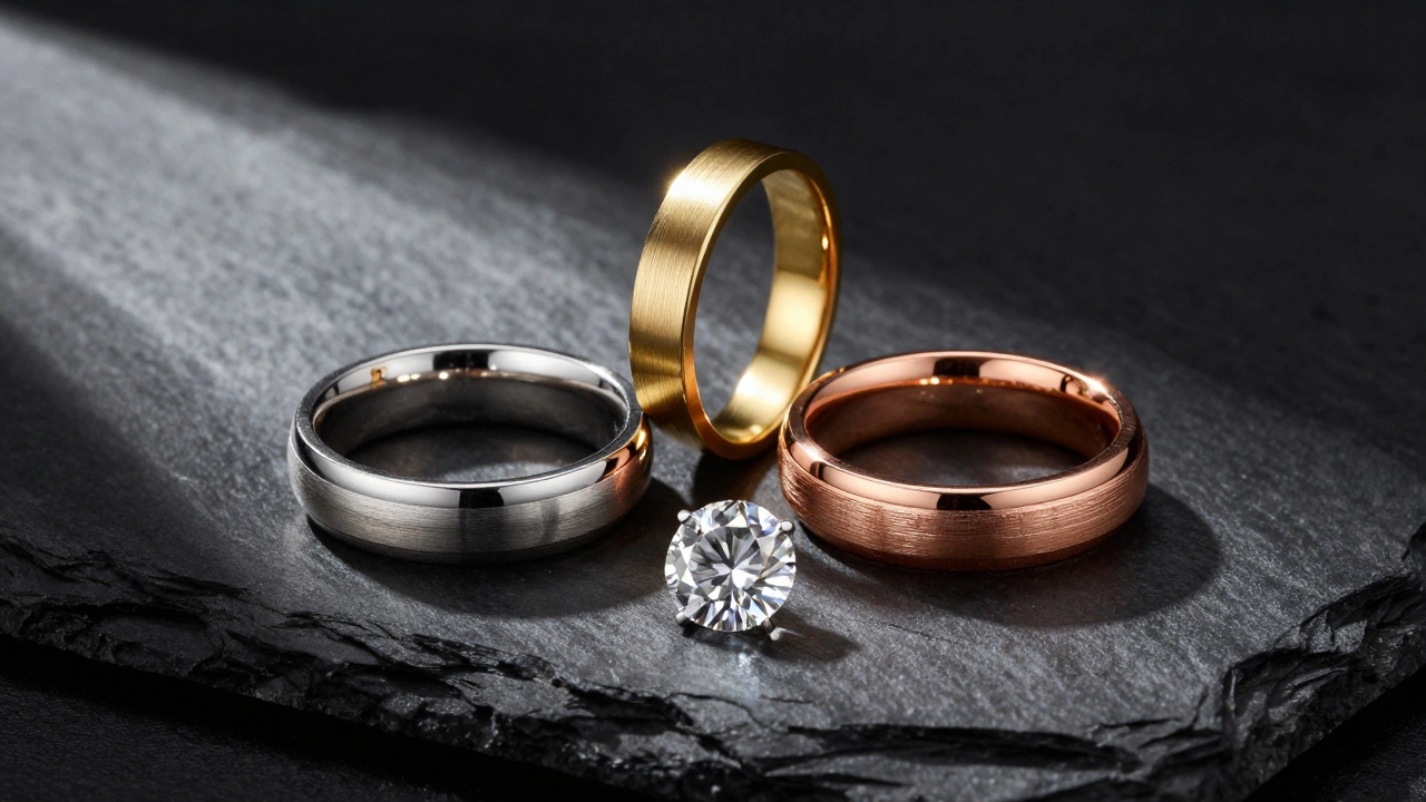 Three distinct wedding bands displayed on dark slate with dramatic lighting