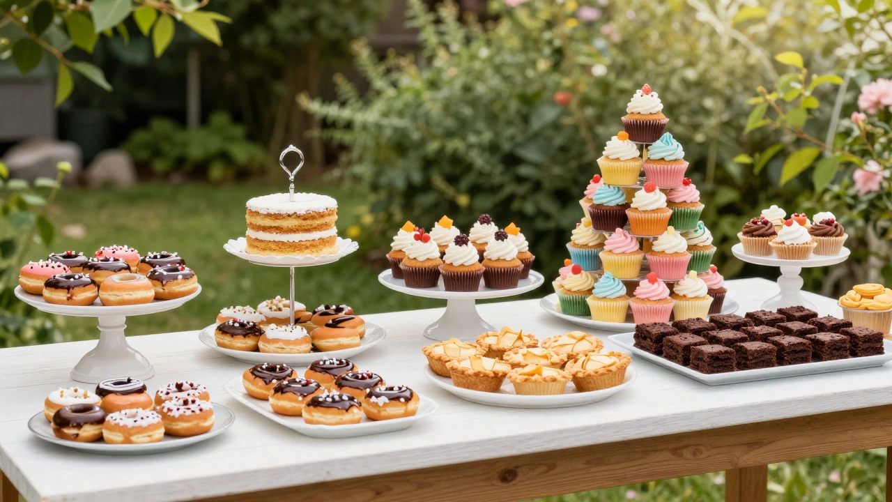 Variety of desserts including cupcakes and donuts on a table