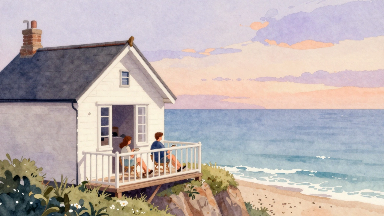 Watercolor illustration of couple relaxing at coastal cottage