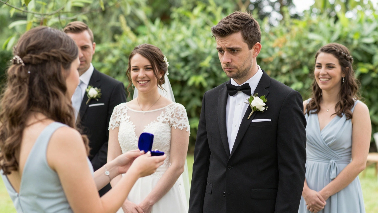 Wedding party rehearsing ring exchange with nervous laughter