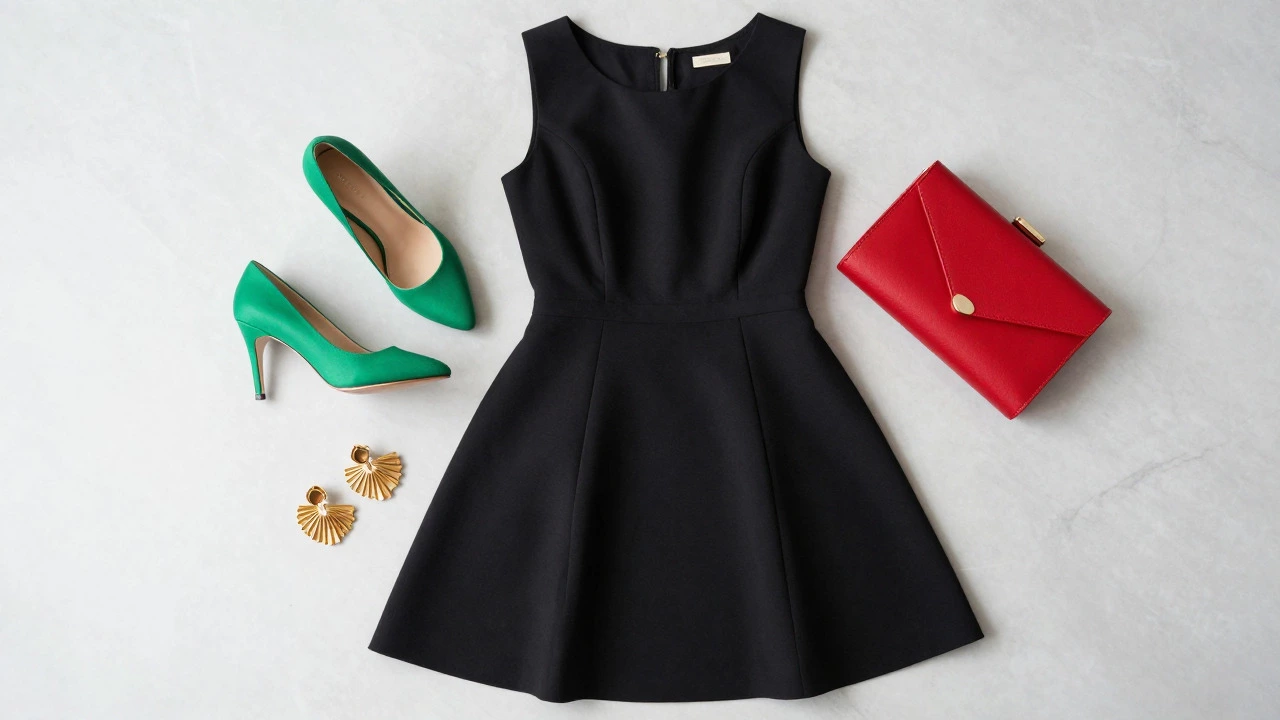 Black dress styled with green heels, red clutch, and gold jewelry