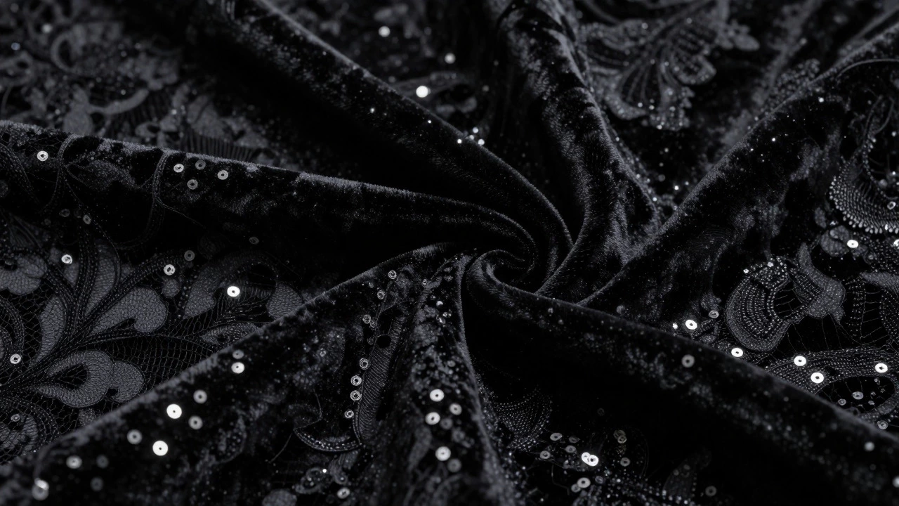 Close-up of black velvet, lace, and sequin fabrics catching light