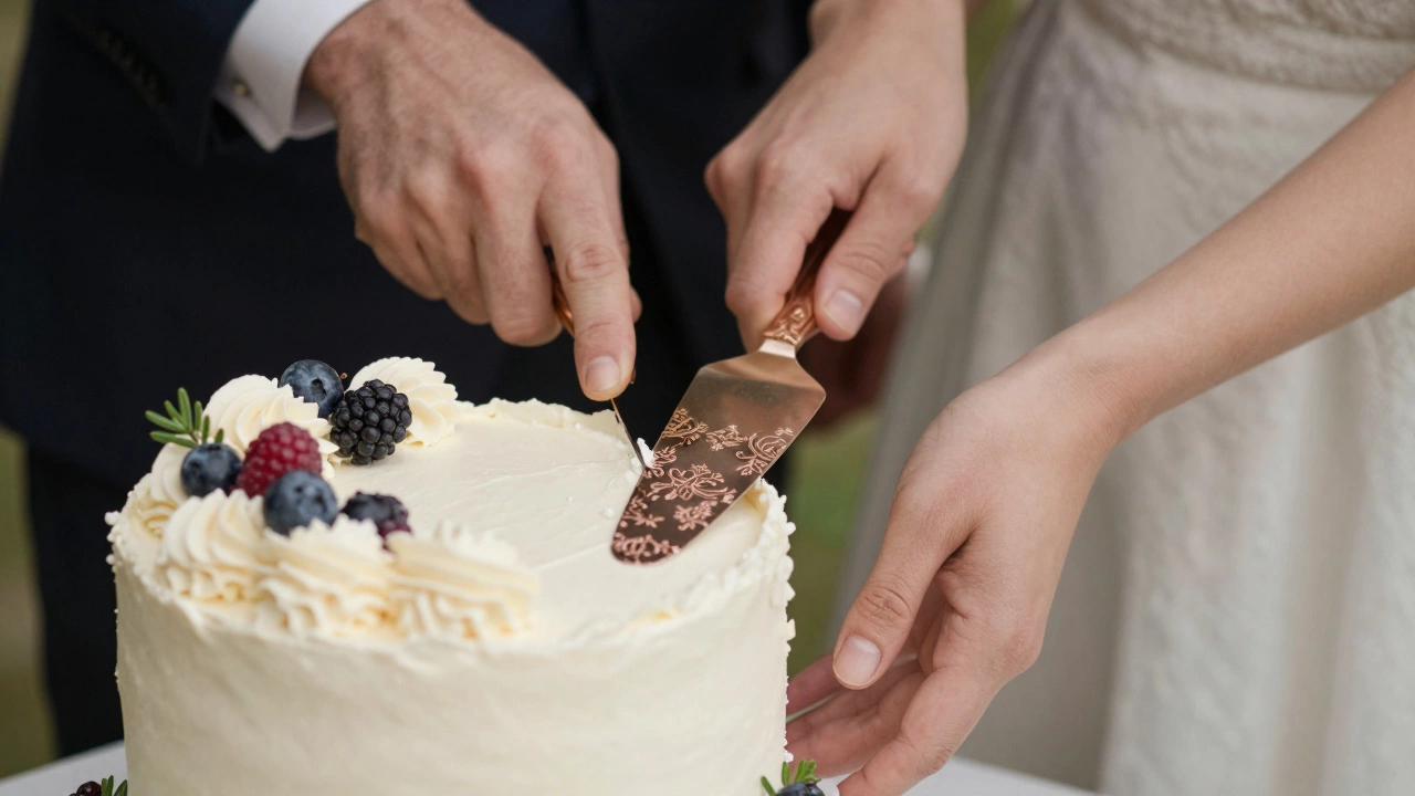 Close-up of hands carefully cutting a decorated wedding cake with a server