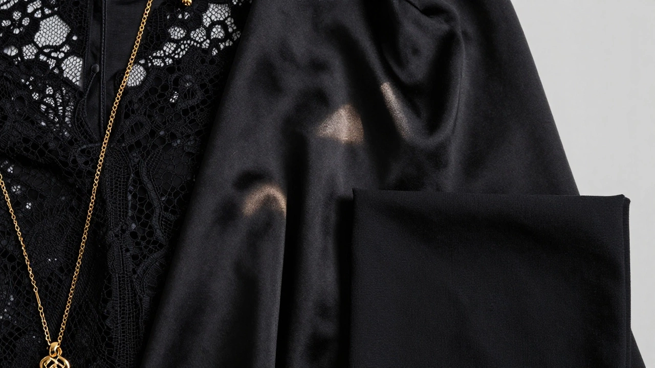 Comparison of black lace, satin, and cotton fabrics with jewelry accents.