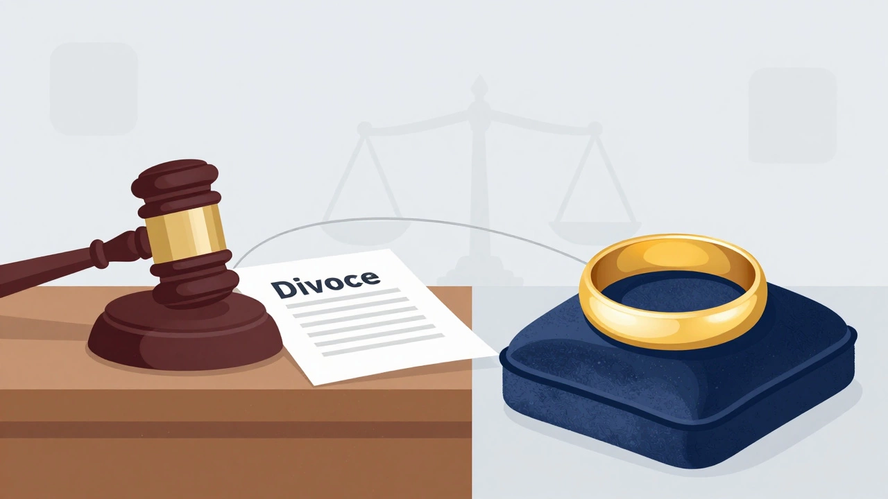 Conceptual art showing a gavel and wedding ring representing divorce law