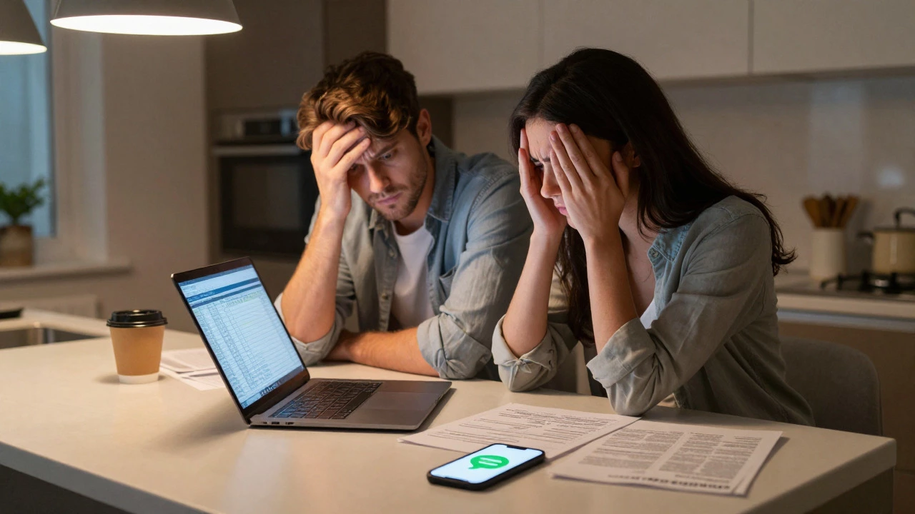 Couple reviewing wedding spreadsheets and phone notifications