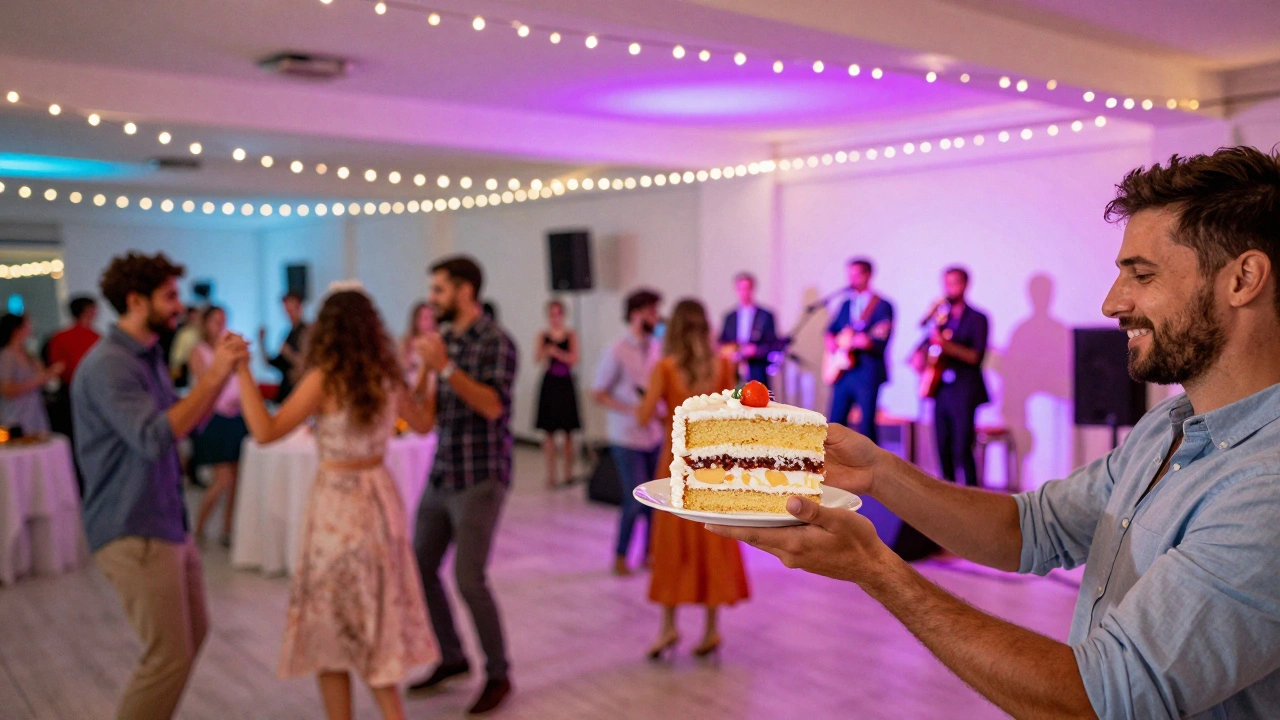 Couple sharing a slice of cake at a lively wedding reception with dancing guests