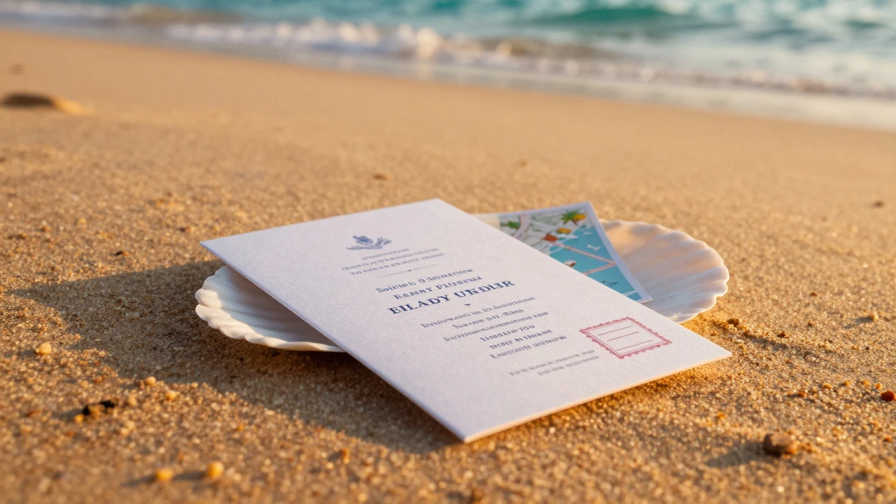 Destination wedding invitation on a beach shell at sunset