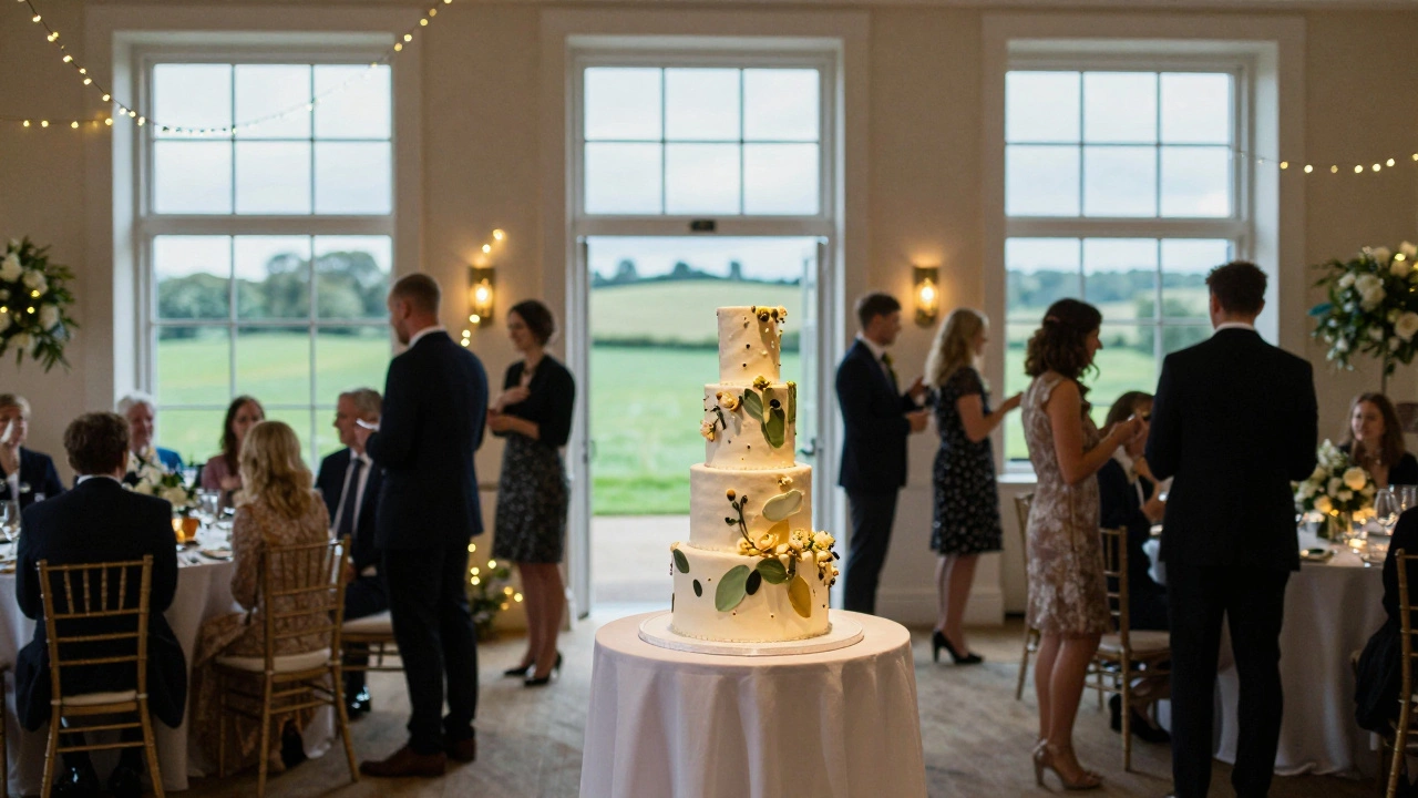 Elegant wedding cake centerpiece in a bright UK reception hall