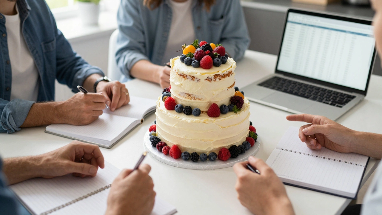 Family members collaborating on wedding budget around a tiered cake