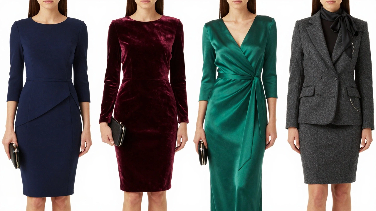 Four elegant wedding guest dresses in navy, burgundy, green, and grey.