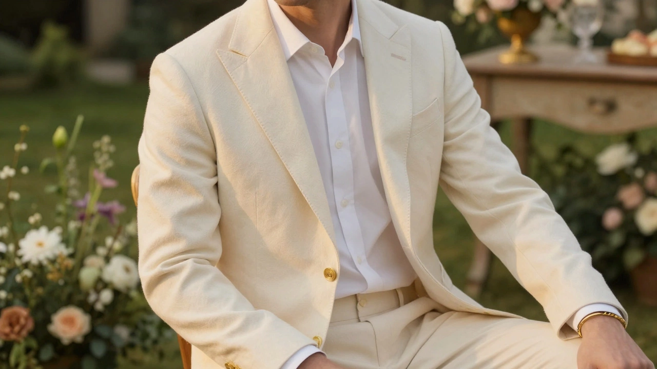 Groom in ivory wool suit posing in a warm, golden-hour garden