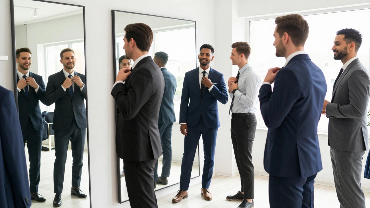 Groomsmen trying on suits in a bright tailor shop