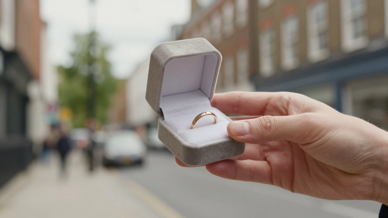 Hand holding an open jewelry box with a simple gold ring
