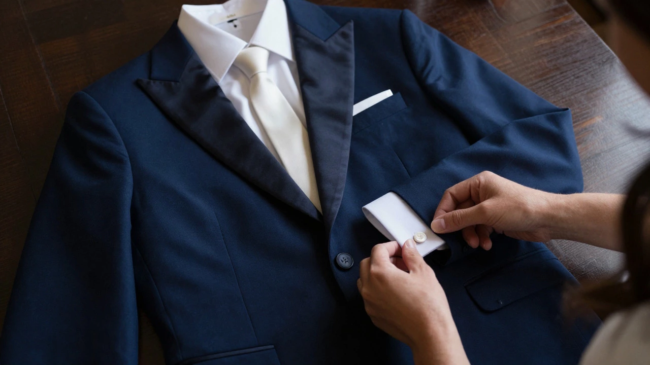 Hands arranging tuxedo accessories on a table