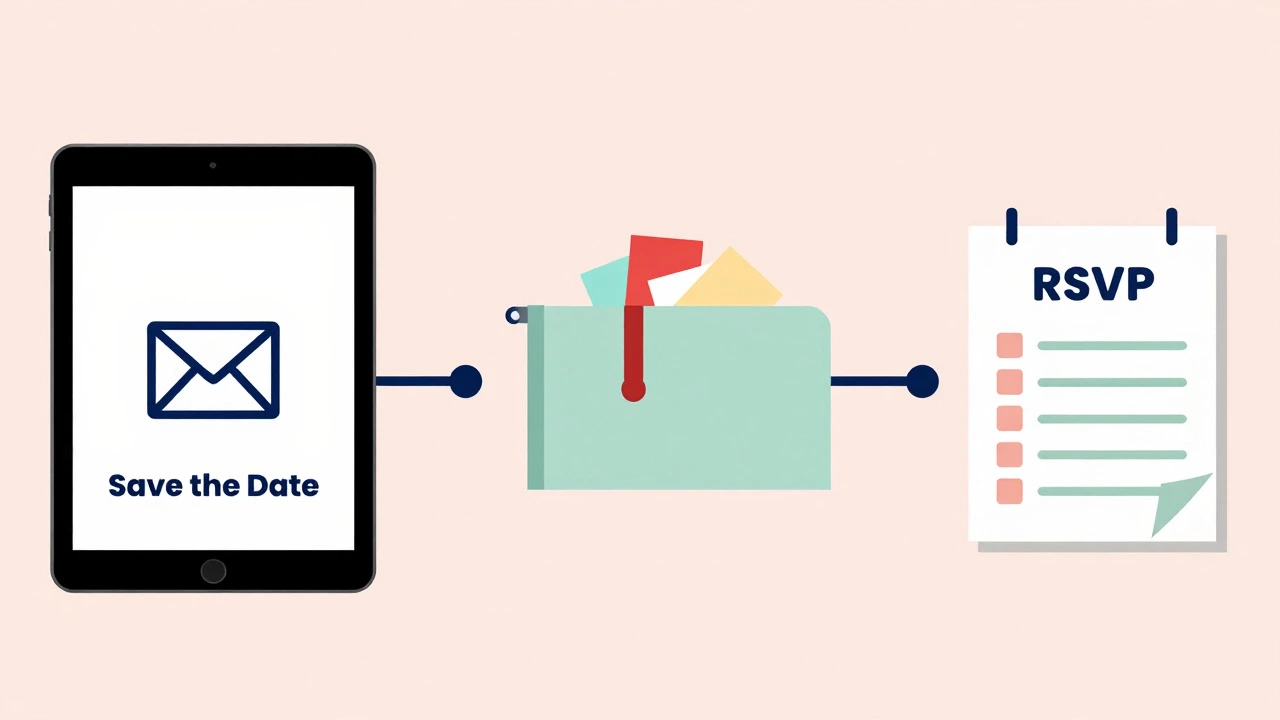 Illustration showing wedding invitation timeline from save the date to RSVP