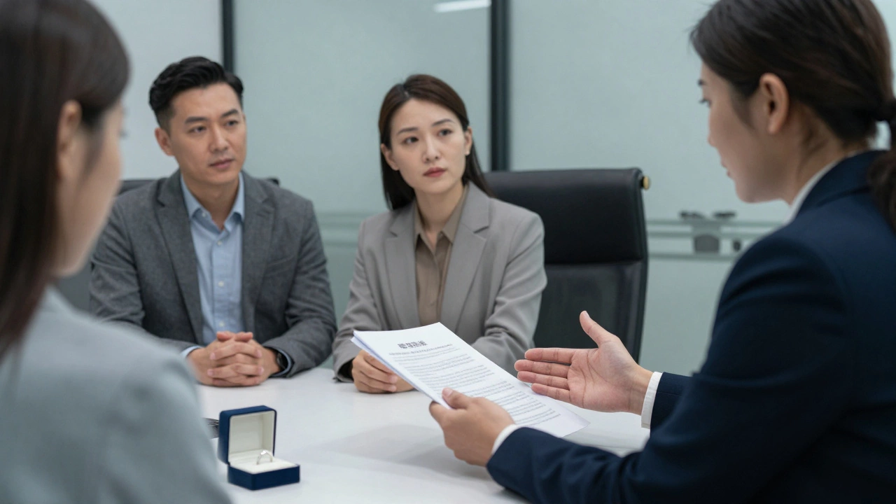 Lawyer consulting with a couple about wedding ring ownership rights