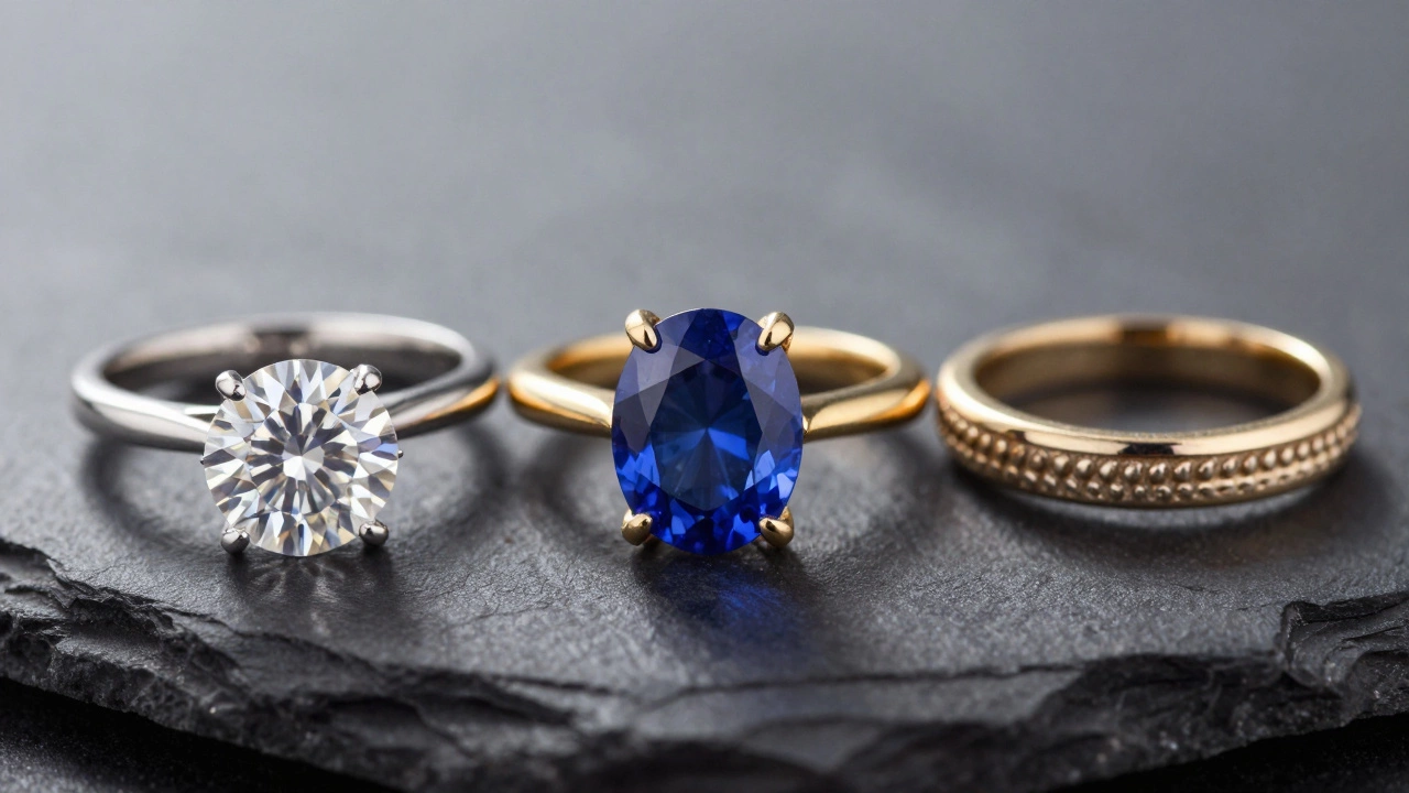 Three different engagement rings displayed on a dark slate surface