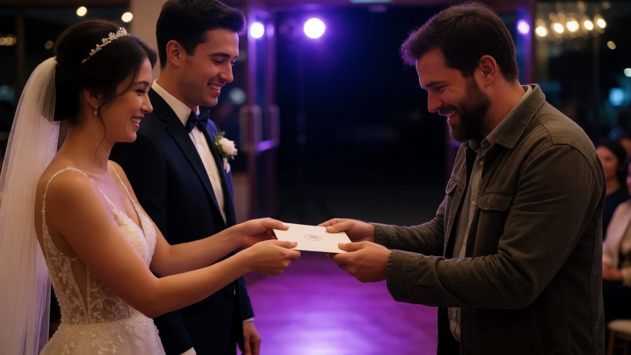 A newlywed couple handing a thank-you envelope to their wedding photographer at the end of the night.