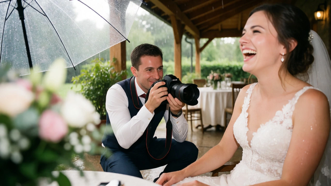 A wedding photographer shooting outdoors in light rain, capturing a candid moment during the event.