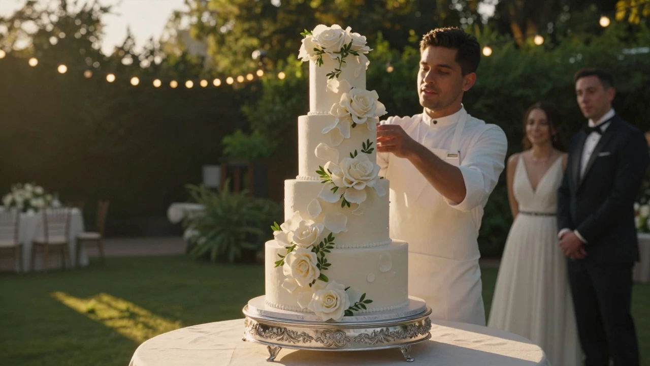 Baker decorating a large floral wedding cake at an outdoor garden venue
