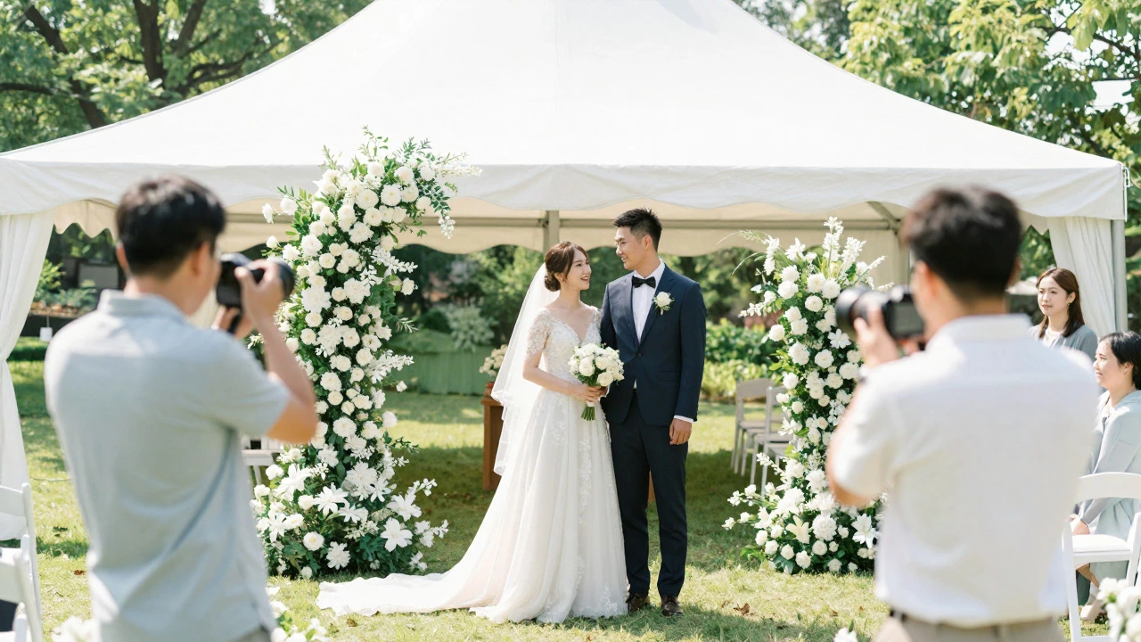 Bride and groom posing outdoors with two photographers capturing the moment