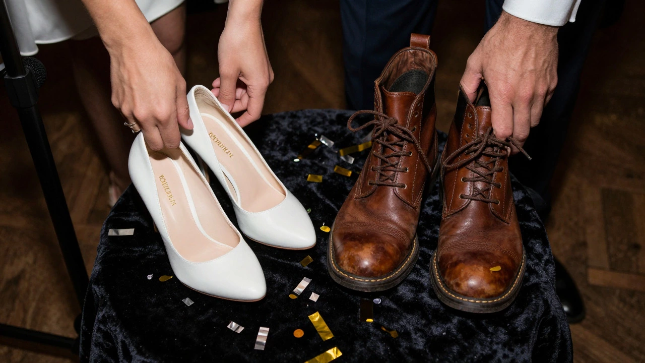 Close-up of white heels and brown boots used for a wedding quiz