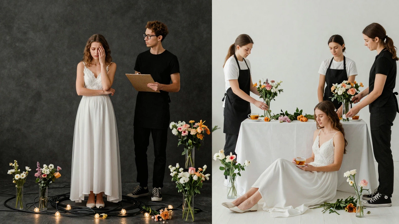 Contrast between chaotic DIY wedding prep and relaxed professional help