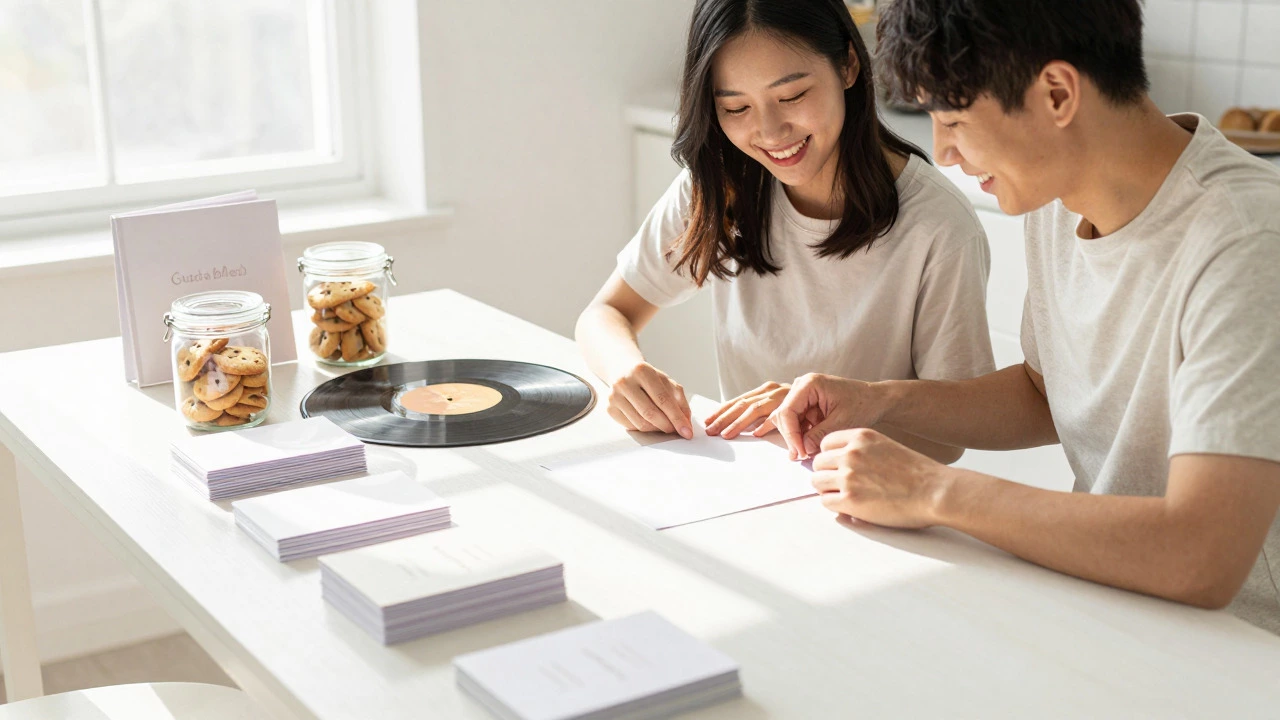 Couple happily making simple DIY wedding invites and treats
