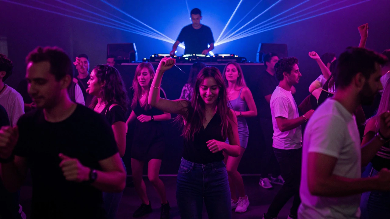 Crowded dance floor with colorful lights and guests dancing energetically at a wedding reception