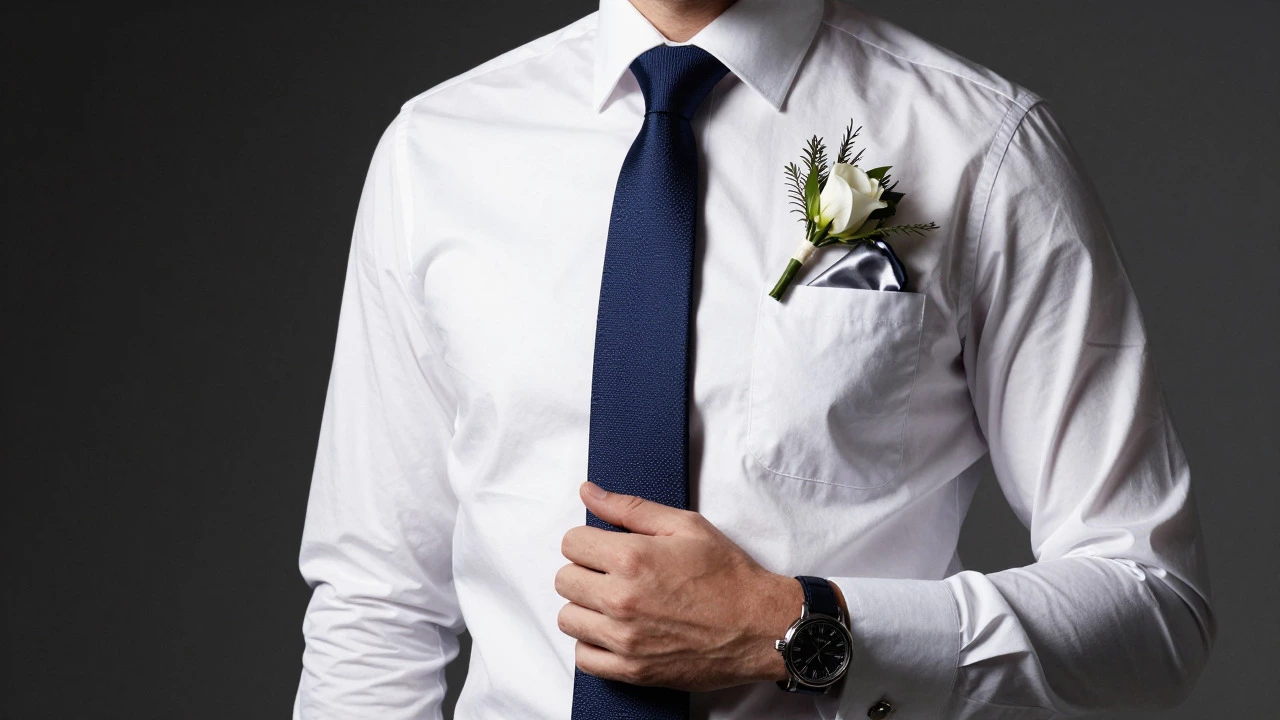 Editorial shot of a groom's suit details including tie, pocket square, and boutonniere