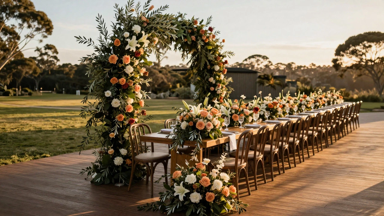 Elegant wedding reception table with linear floral centerpieces