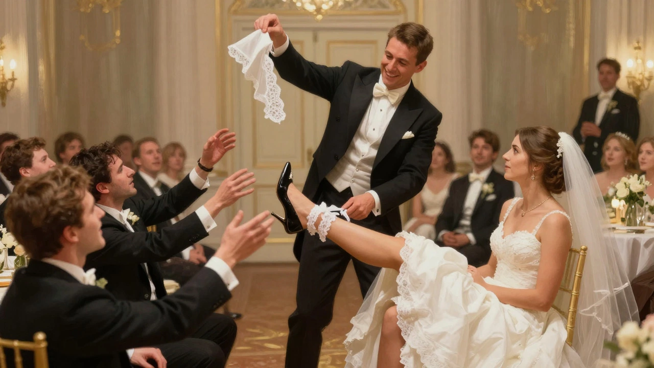 Groom removing a garter from his bride during a playful wedding reception ceremony