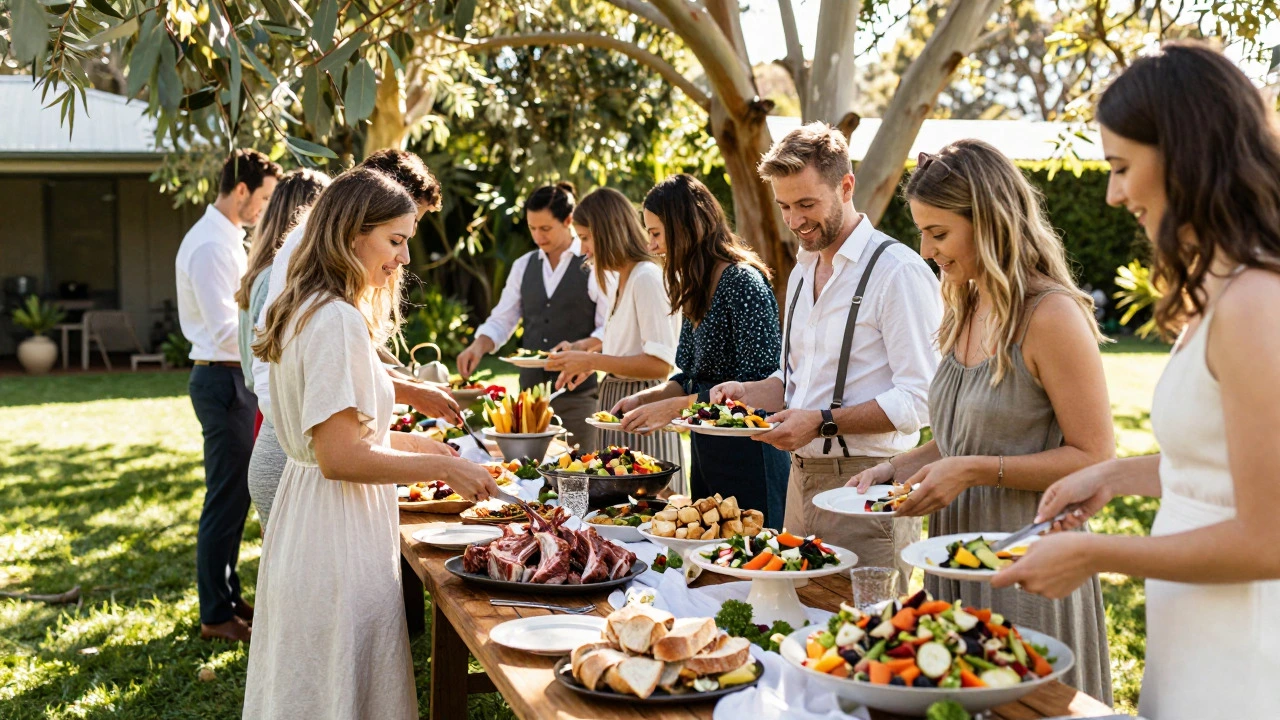 Guests serving themselves at a vibrant outdoor wedding buffet