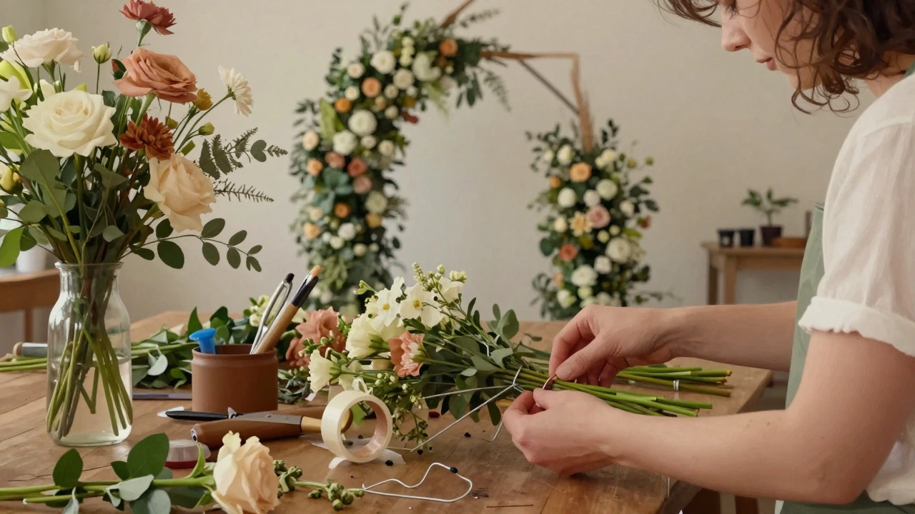 Hands arranging DIY wedding flowers on a rustic workbench