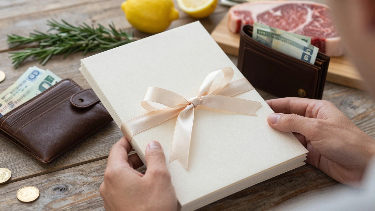 Hands holding wedding menus and a wallet with fresh ingredients