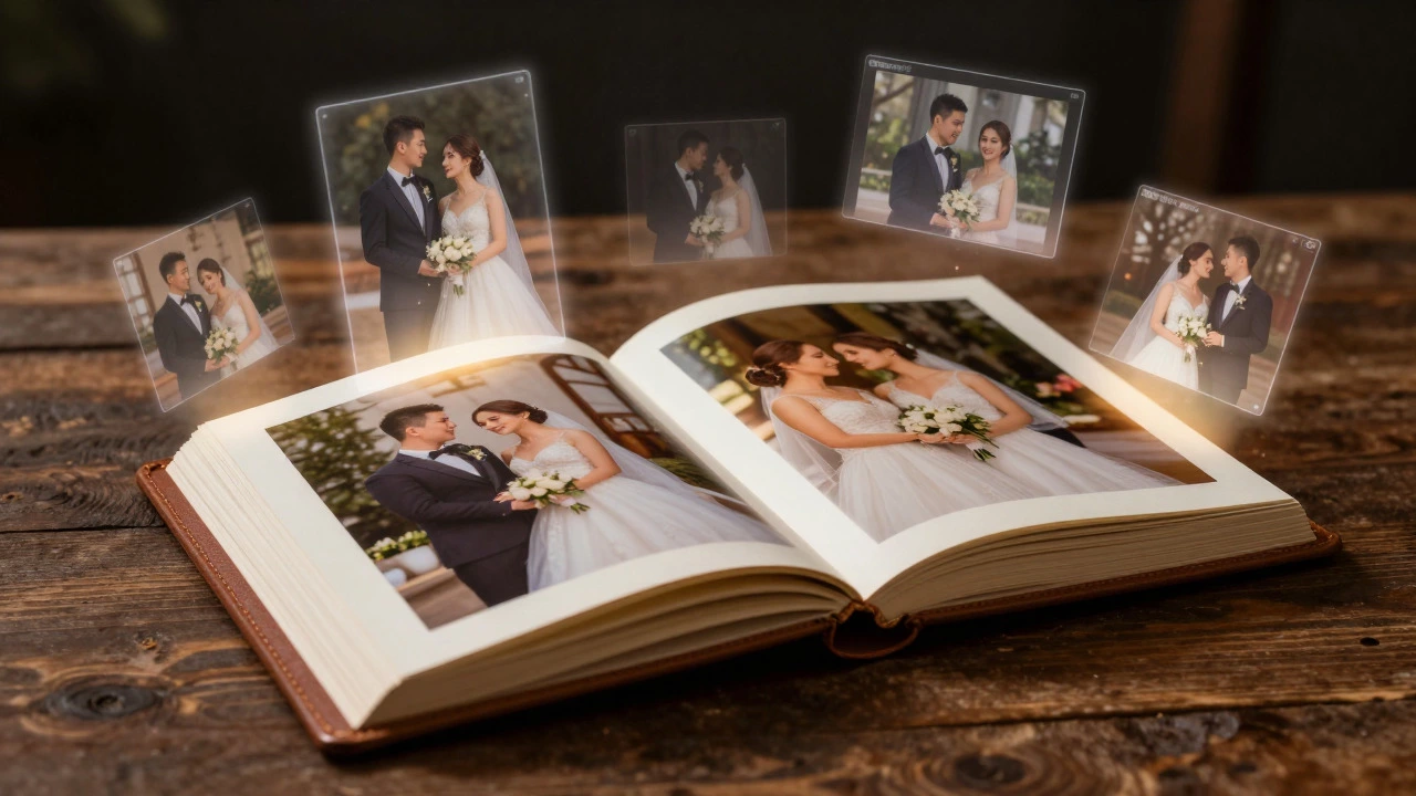 Open leather photo album with glowing digital projections of wedding portraits