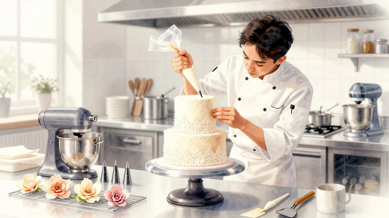 Pastry chef piping details onto a multi-tiered wedding cake in a kitchen