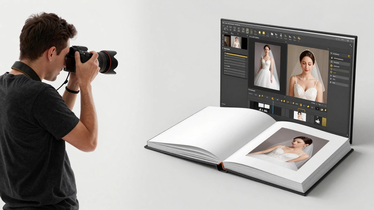 Professional photographer shooting a bride alongside finished albums