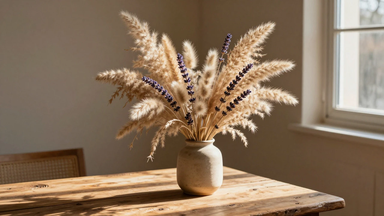 Rustic arrangement of dried pampas grass and lavender in a ceramic vase