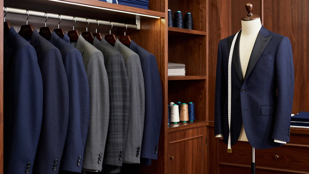 Split view comparing a suit rental shop rack with a bespoke tailor's workshop