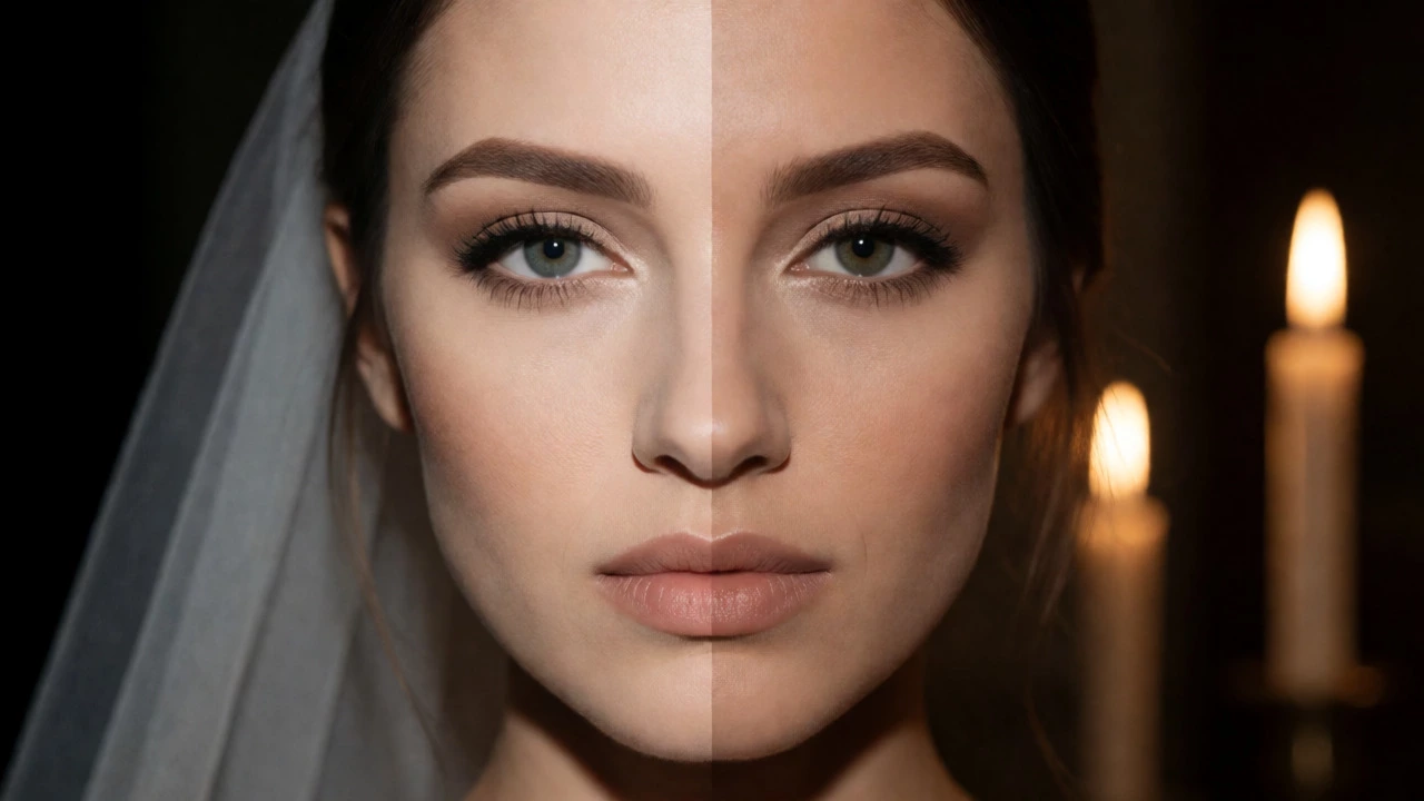 Split view showing bridal makeup under harsh flash versus soft candlelight conditions