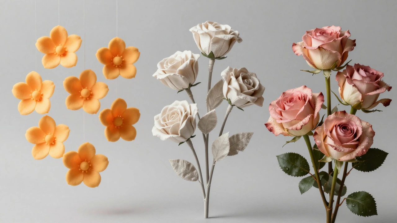 Studio shot comparing foam, silk, and fresh flower textures