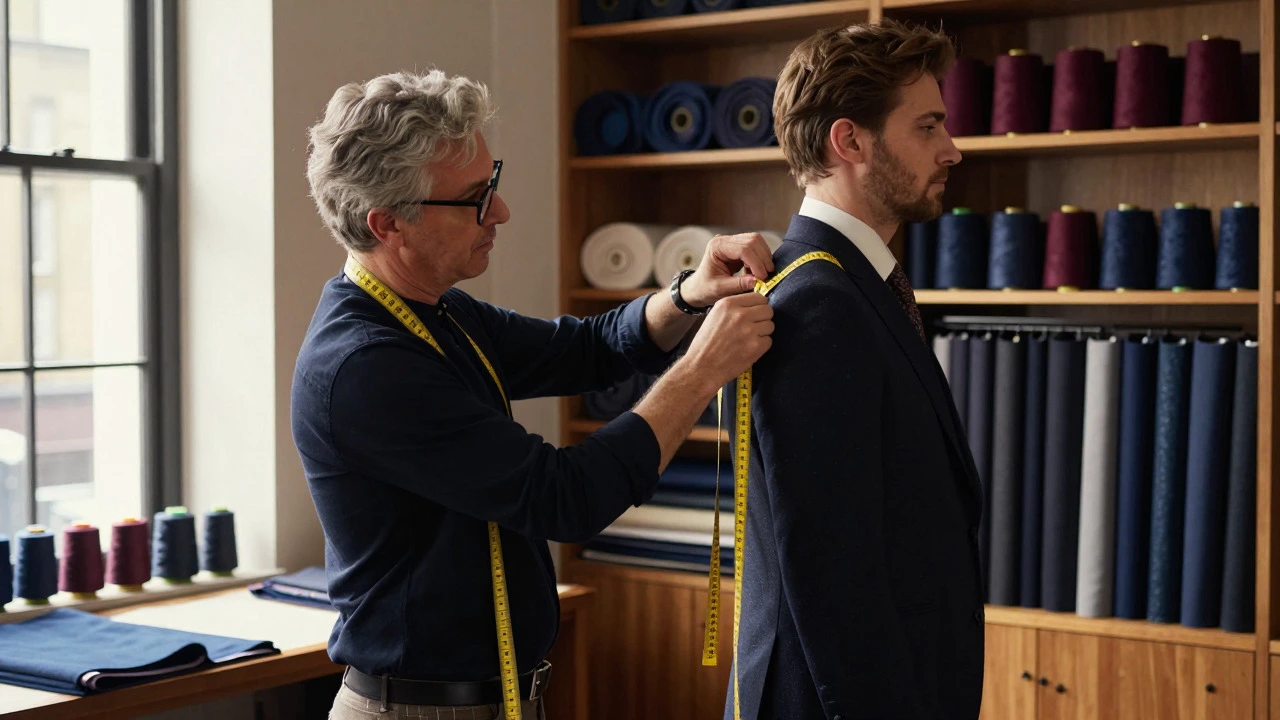 Tailor measuring groom during a bespoke suit fitting session