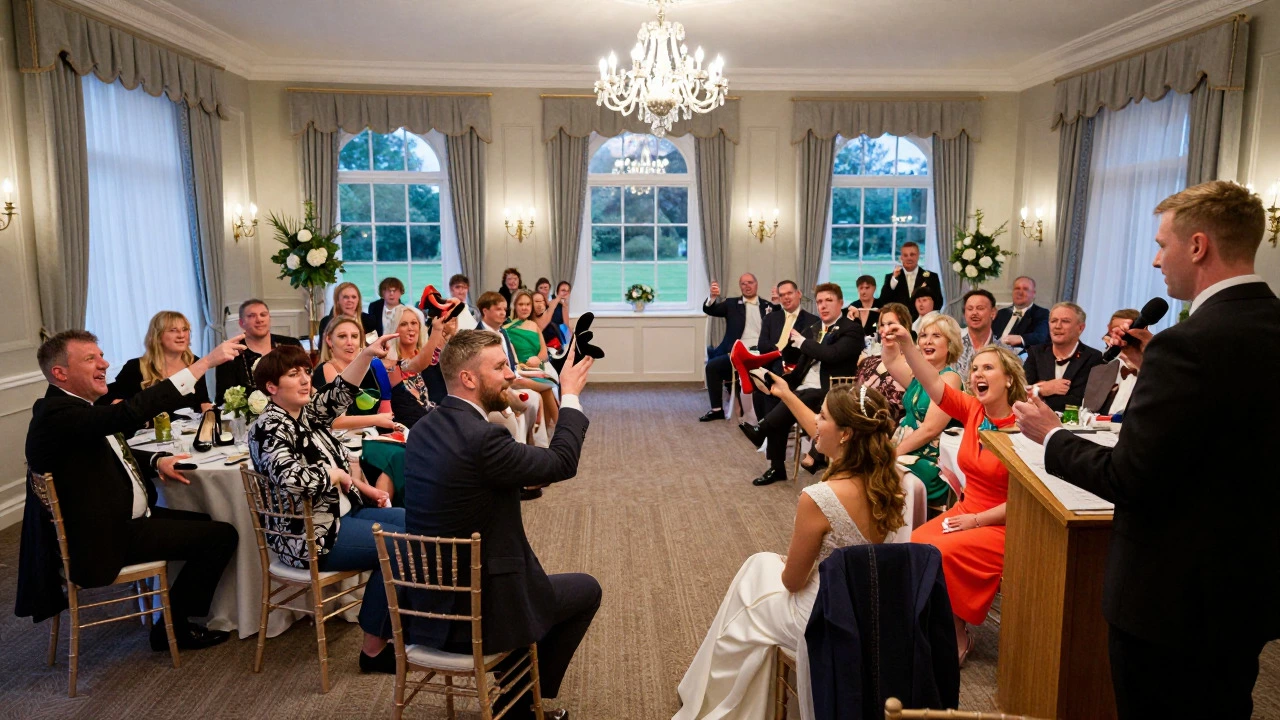Wedding guests cheering as a couple plays a shoe guessing game